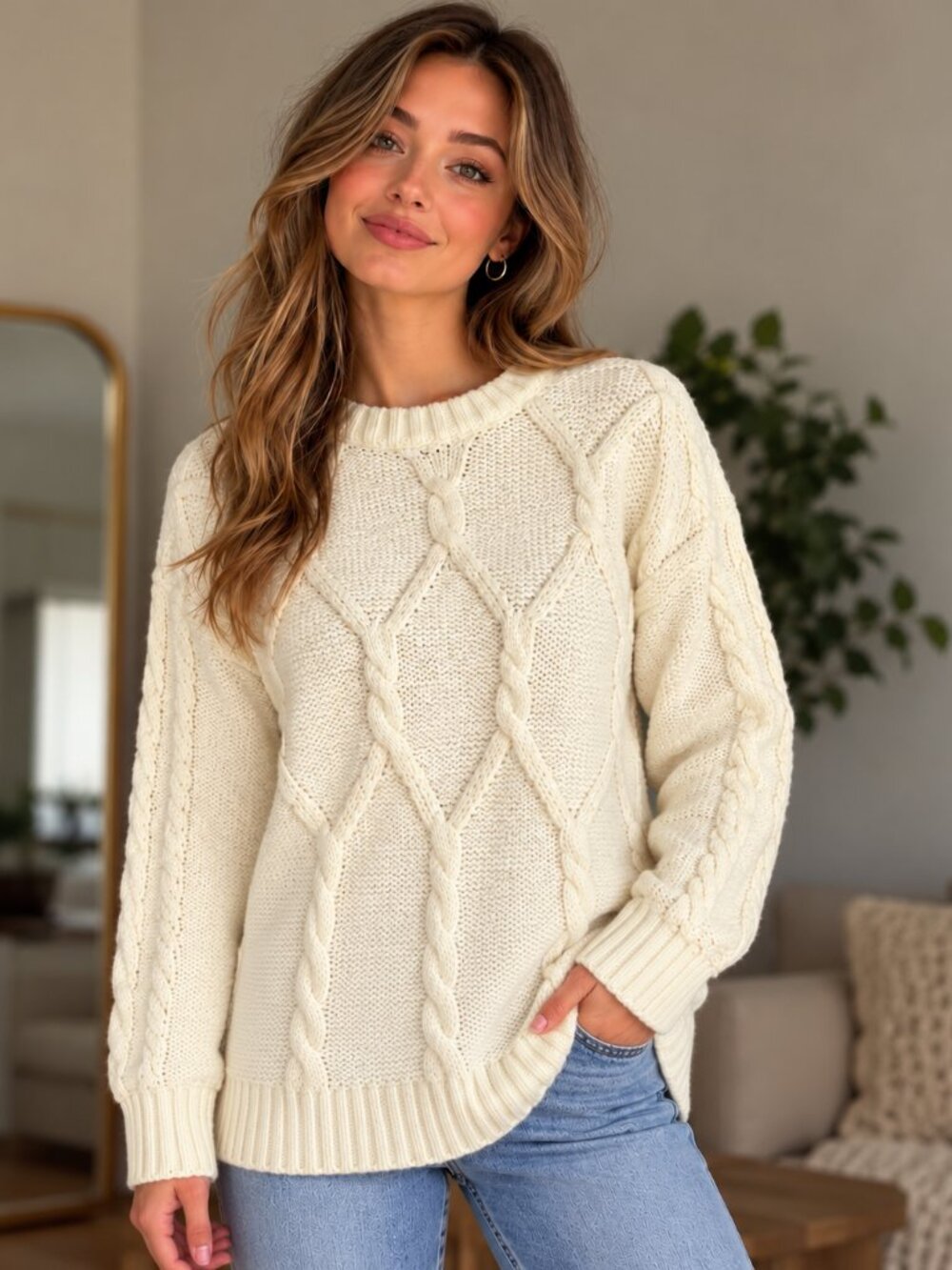 Vintage Mighty-Mac Cable Knit Sweater – Cream Ivory Fisherman Knit – Size M